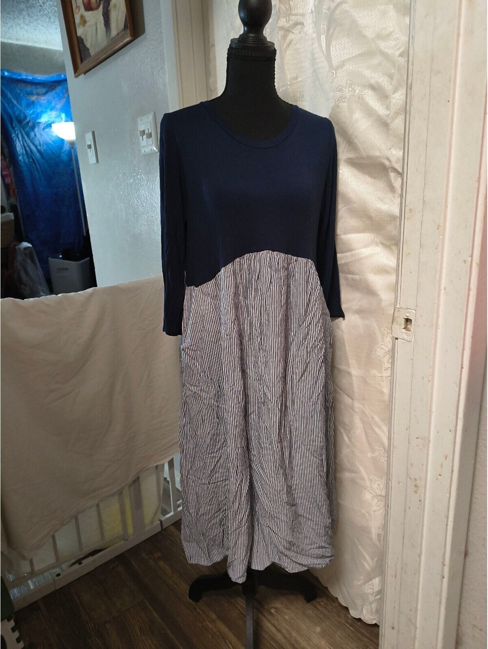 Flamingo Urban Navy Blue and Striped Long Sleeve Midi Dress with Pockets